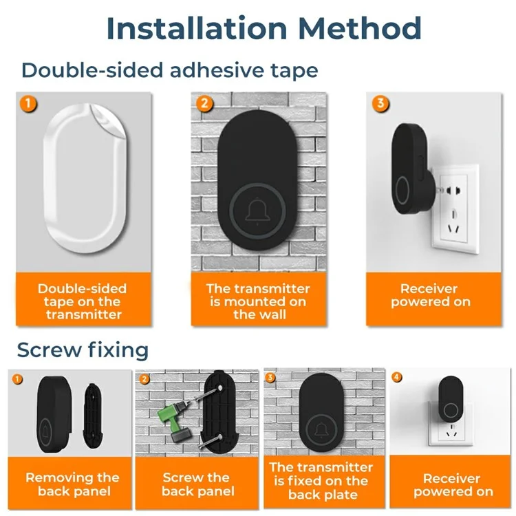 ML008-B-11UK 60 Melodies Wireless Self-Powered Doorbell Ring UK Plug / Black, 1 Transmitter + 1 Receiver