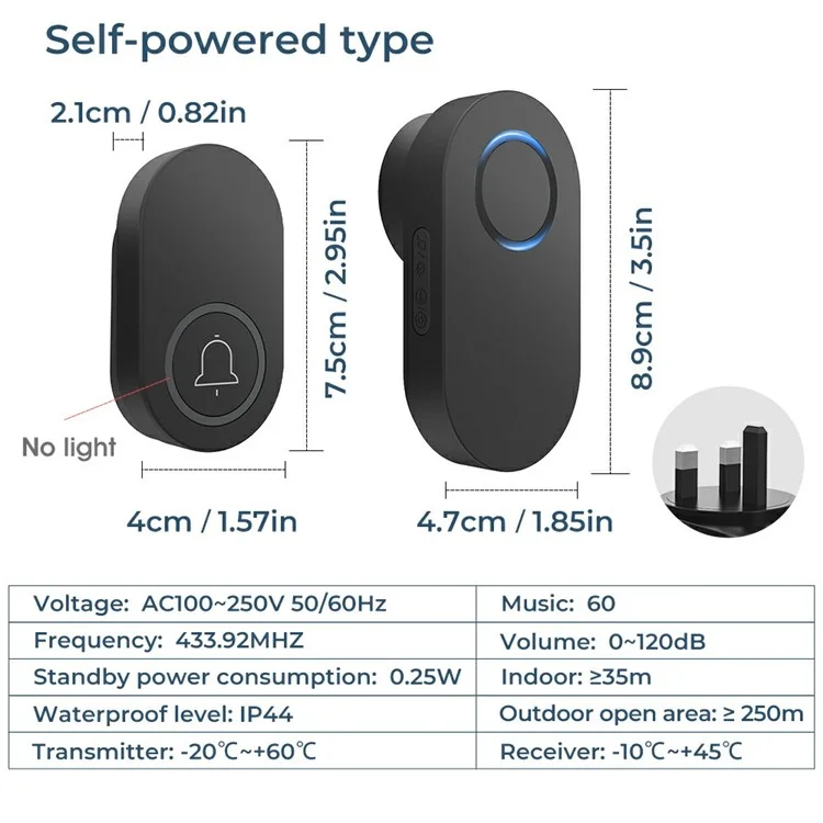 ML008-B-11UK 60 Melodies Wireless Self-Powered Doorbell Ring UK Plug / Black, 1 Transmitter + 1 Receiver