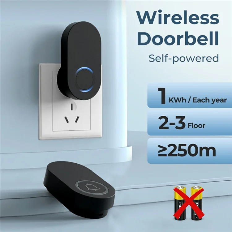 ML008-B-11UK 60 Melodies Wireless Self-Powered Doorbell Ring UK Plug / Black, 1 Transmitter + 1 Receiver