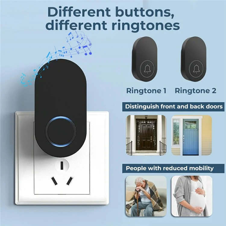 ML008-B-11UK 60 Melodies Wireless Self-Powered Doorbell Ring UK Plug / Black, 1 Transmitter + 1 Receiver