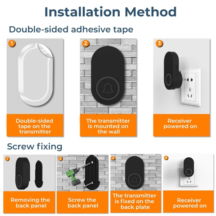 ML008-B-22US 60 Melodies Wireless Self-Powered Doorbell Ring US Plug / Black, 2 Transmitter + 2 Receiver