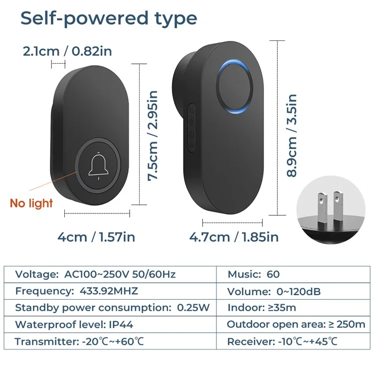 ML008-B-22US 60 Melodies Wireless Self-Powered Doorbell Ring US Plug / Black, 2 Transmitter + 2 Receiver