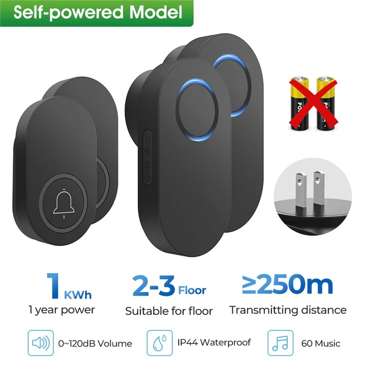 ML008-B-22US 60 Melodies Wireless Self-Powered Doorbell Ring US Plug / Black, 2 Transmitter + 2 Receiver