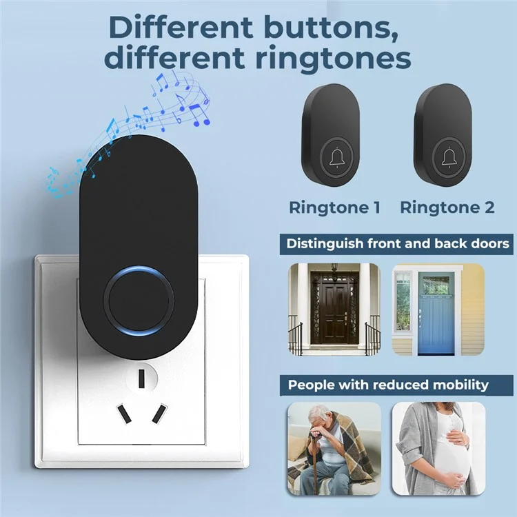 ML008-B-22US 60 Melodies Wireless Self-Powered Doorbell Ring US Plug / Black, 2 Transmitter + 2 Receiver