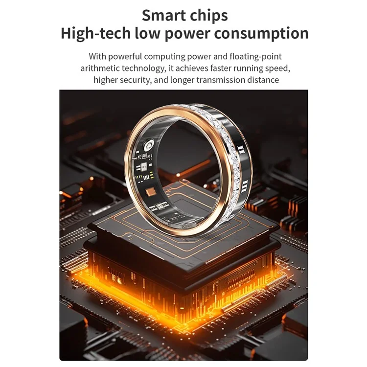 Darings Bluetooth Health Monitoring Smart Ring Rhinestone Decor Finger Ring, with Charging Case - Gold / Size 8