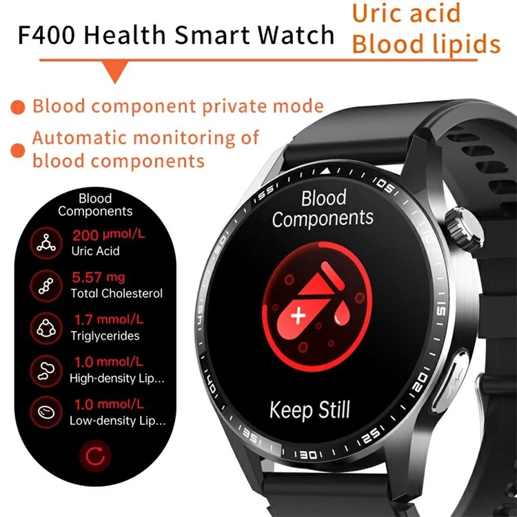 F400 Non-Invasive Blood Sugar Smart Watch ECG Blood Pressure Monitor Bluetooth Call Sports Watch, Silicone Strap - Black