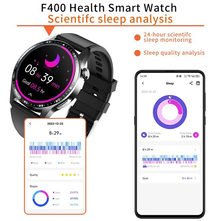 F400 Non-Invasive Blood Sugar Smart Watch ECG Blood Pressure Monitor Bluetooth Call Sports Watch, Silicone Strap - Black