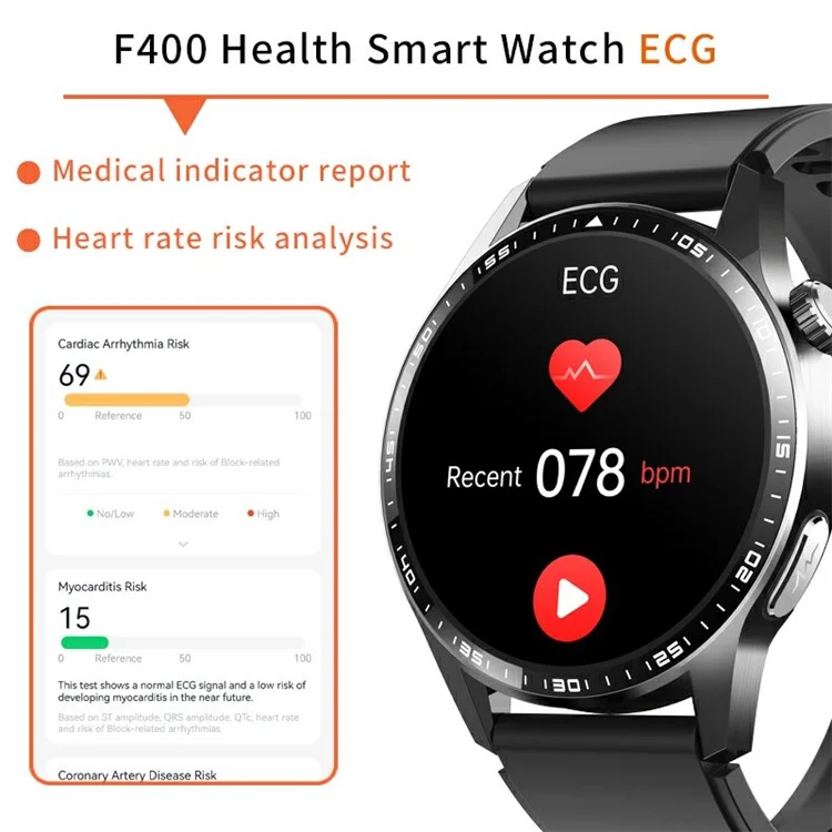 F400 Non-Invasive Blood Sugar Smart Watch ECG Blood Pressure Monitor Bluetooth Call Sports Watch, Silicone Strap - Black