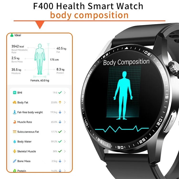 F400 Non-Invasive Blood Sugar Smart Watch ECG Blood Pressure Monitor Bluetooth Call Sports Watch, Silicone Strap - Black