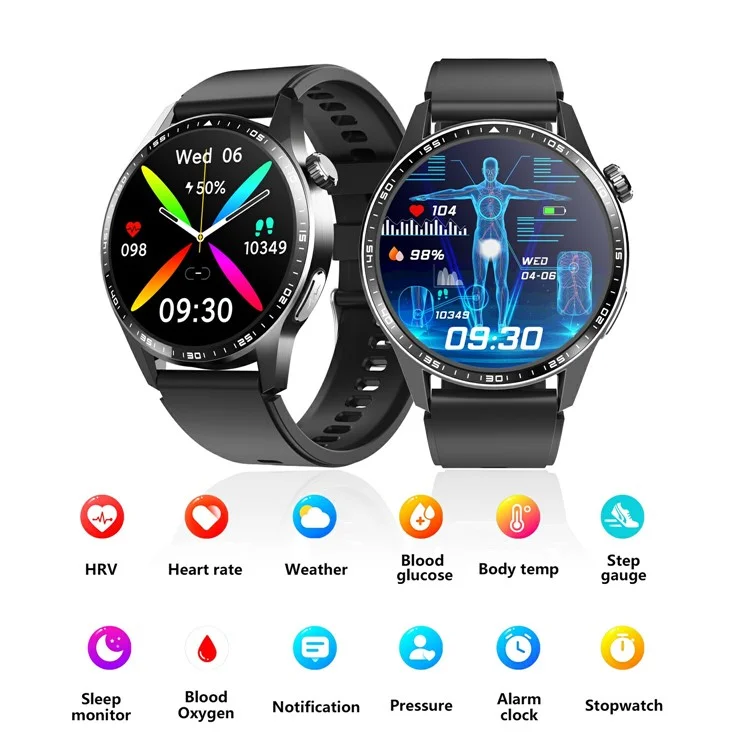 F400 Non-Invasive Blood Sugar Smart Watch ECG Blood Pressure Monitor Bluetooth Call Sports Watch, Silicone Strap - Black