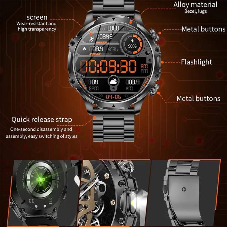 AK75 Steel Strap Smart Watch Bluetooth Call Waterproof Health Monitoring Sports Watch - Black