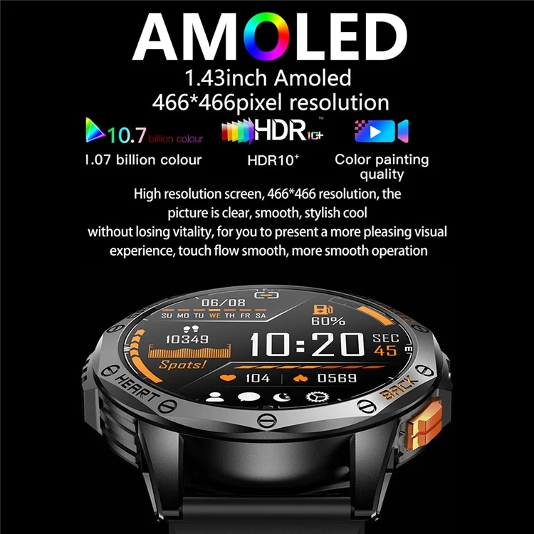 K67 GPS Smart Watch with Flashlight 1.43-inch AMOLED Screen Fitness Tracker Support Compass - Black