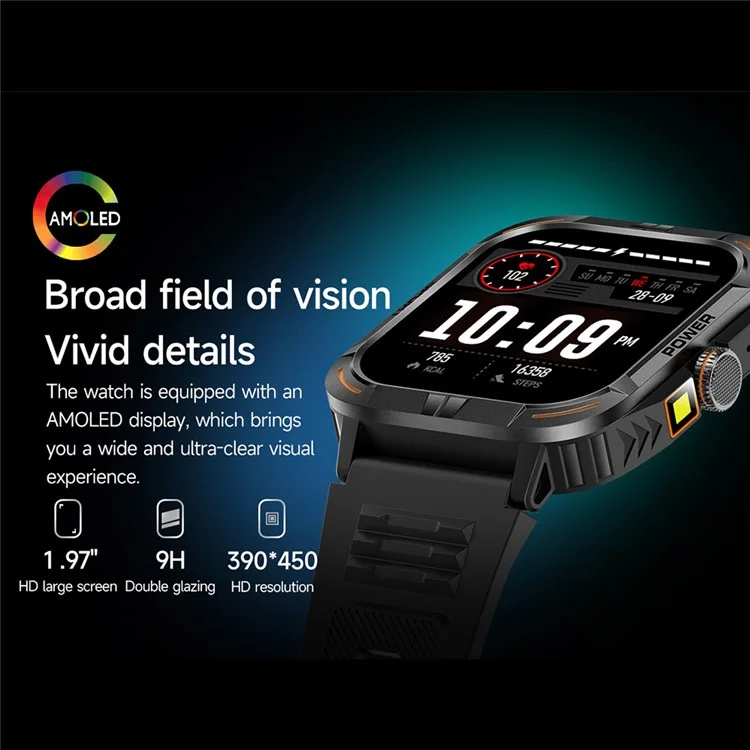 ZW69 AMOLED Screen Smart Watch Dafit App Health Monitor Waterproof Sports Watch with Flashlight - Black