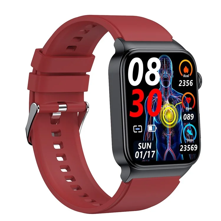 E500 ECG+PPG Body Temperature Blood Oxygen Monitor 1.83-inch Touch Screen Smart Watch, Silicone Strap - Red