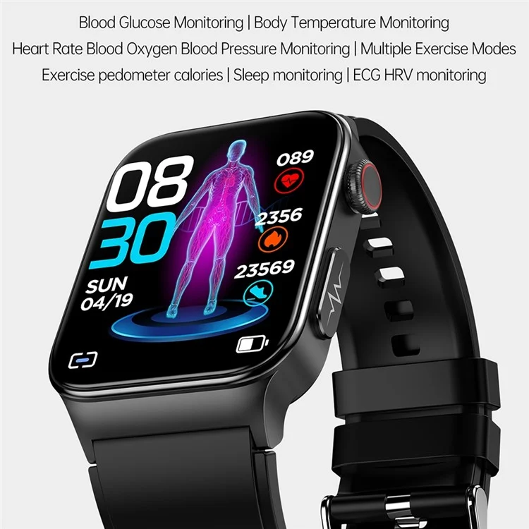 E500 ECG+PPG Body Temperature Blood Oxygen Monitor 1.83-inch Touch Screen Smart Watch, Silicone Strap - Red