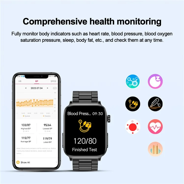 TK15 1.96" ECG Bluetooth Call Smart Bracelet Pedometer Sports Watch with Heart Rate Temperature Monitoring, Steel Strap