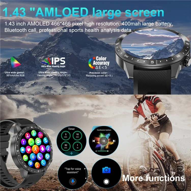 AK57 Health Monitor Bluetooth Call Smart Watch Waterproof Sports Bracelet, Silicone Strap - Black