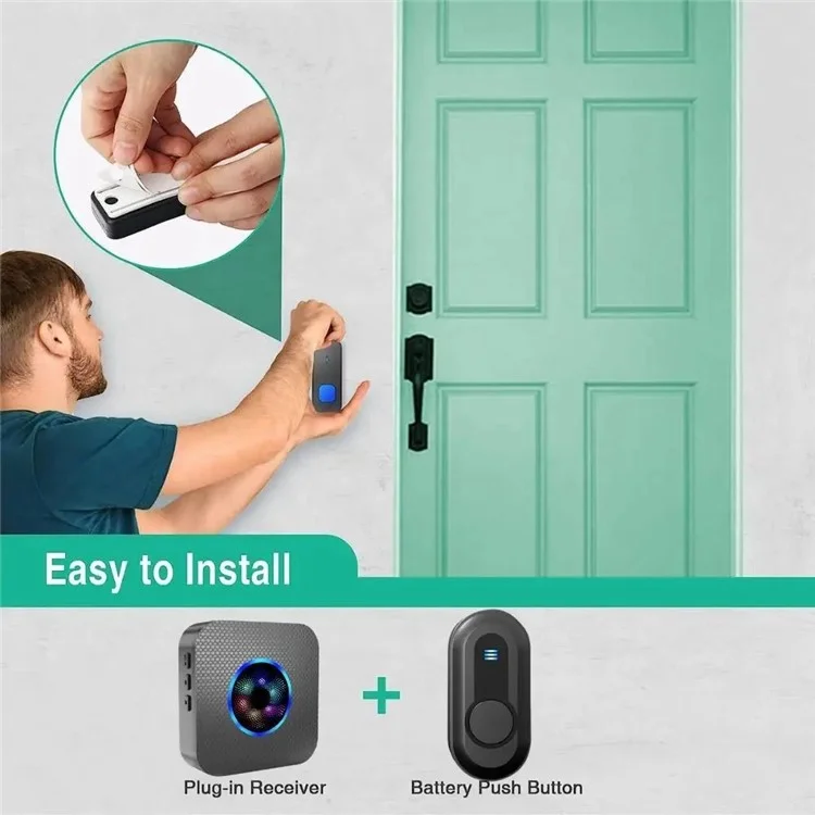 N65-1T1 Wireless Door Bell Colorful Light Flashing Adjustable Volume Home Doorbell, 1 Transmitter+1 Receiver - US Plug / Black