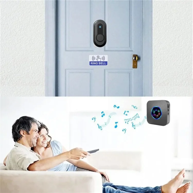 N65-1T1 Wireless Door Bell Colorful Light Flashing Adjustable Volume Home Doorbell, 1 Transmitter+1 Receiver - US Plug / Black