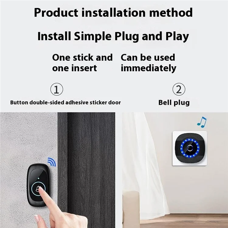 N92A-2T1 Rainproof Doorbell Adjustable Volume Flashing Light Wireless Home Door Bell, 2 Transmitter+1 Receiver - US Plug / Black