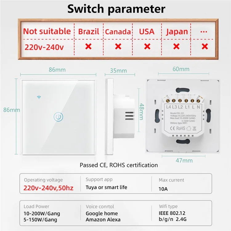 DS-101JL-1 1 Gang WiFi + Bluetooth Dual Mode APP Voice Control Smart Touch Wall Switch - White