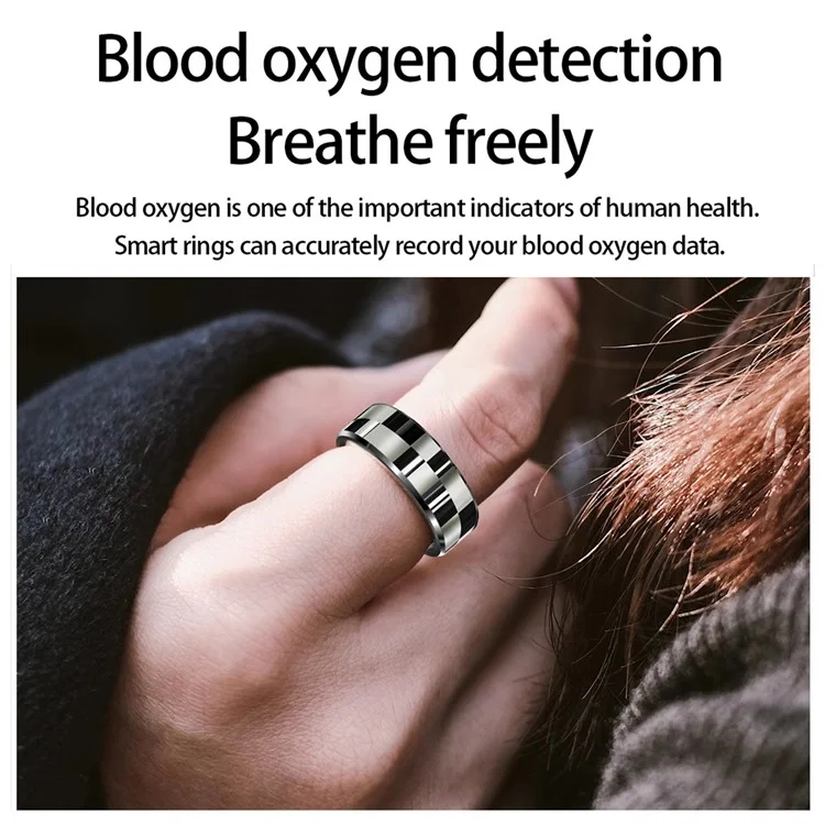 R9 Multifunctional Stainless Steel Smart Ring Heart Rate Blood Oxygen Sleep Monitoring Ring with Charging Case - Black / Size 8